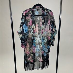 Mix it Black Pink Floral Sheer Kimono with Fringe One Size